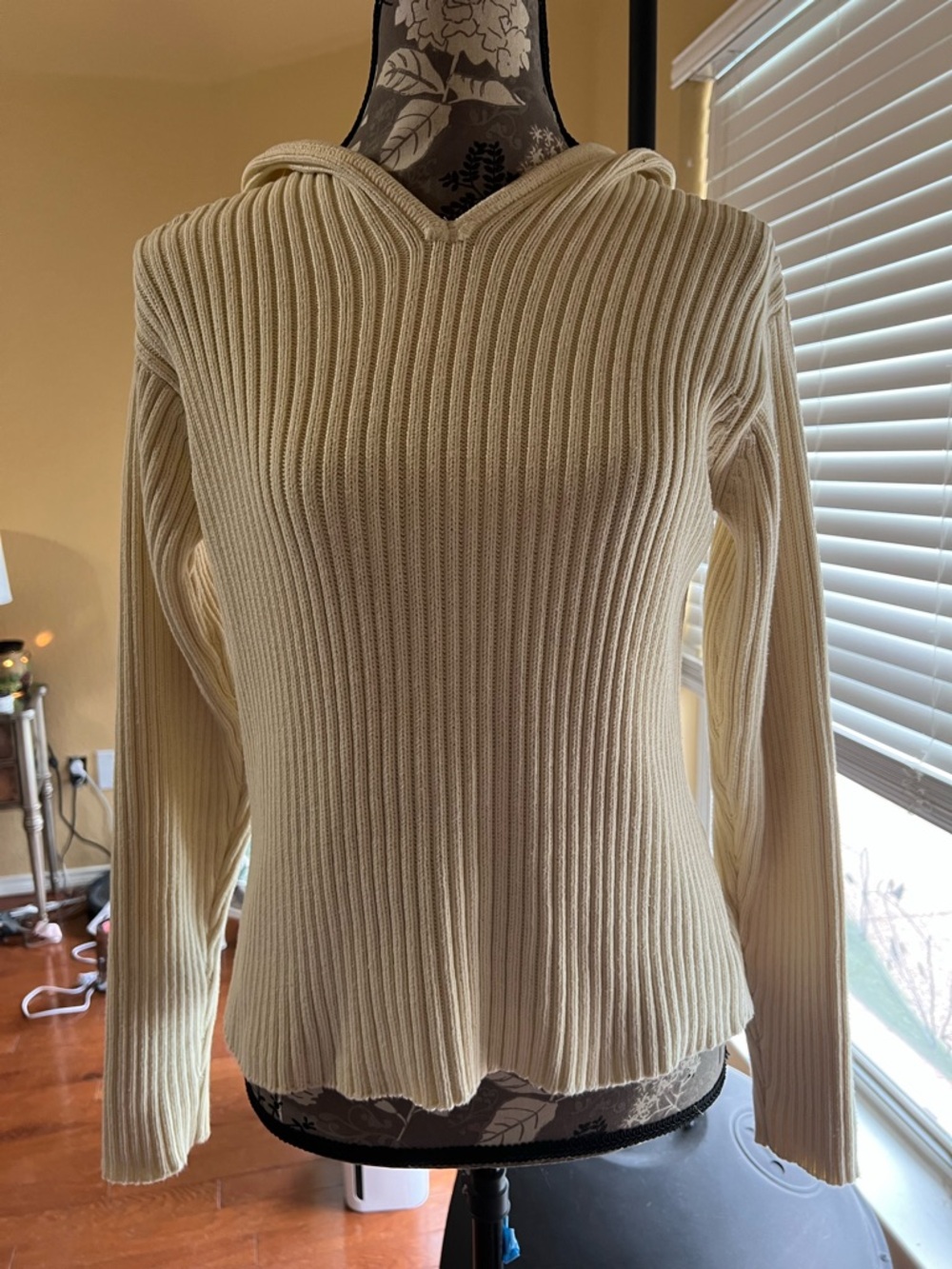 Ellen Tracy Cream Ribbed Cowl-Neck Sweater